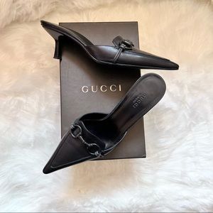 GUCCI Horsebit Pointy Toe Leather Kitten Heel Mules